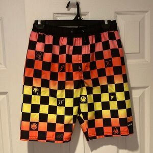 Hurley Boy’s Vibrant Checkered Athletic Swim Board Shorts - Black, Orange, Pink